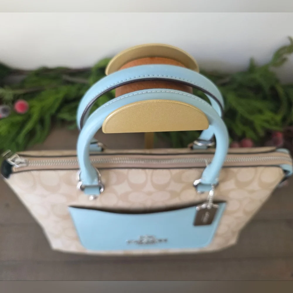 Coach Emma Satchel Crossbody Signature Coated Canvas Light Blue Leather Accents - Picture 4 of 15